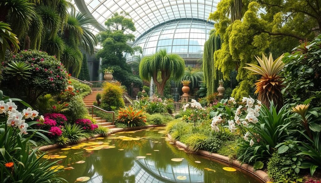 A lush, verdant oasis with towering trees, blooming flowers, and winding pathways. In the foreground, a serene pond reflects the vibrant foliage surrounding it. The middle ground features a variety of botanical displays, from delicate orchids to cascading water features. In the background, a majestic glass conservatory rises, its curved structure casting dramatic shadows and allowing natural light to flood the scene. The overall atmosphere is one of tranquility and wonder, inviting visitors to immerse themselves in the beauty of nature. Soft, diffused lighting enhances the dreamlike quality, creating a sense of warmth and serenity.
