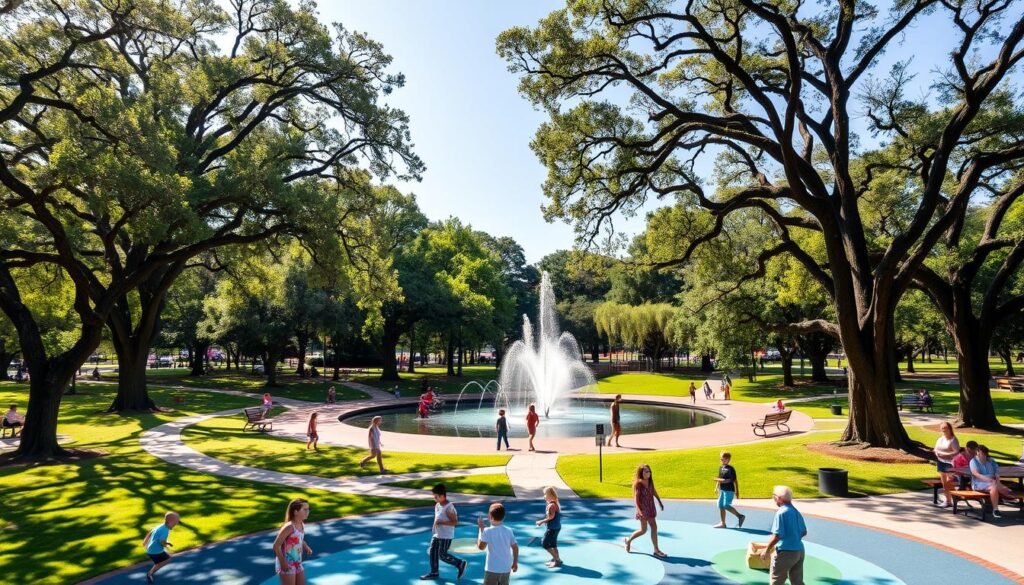 A lush, verdant park on a sun-dappled afternoon. Tall oak trees line winding paths, their leaves rustling in a gentle breeze. In the foreground, children play on a vibrant, modern playground, their laughter and shrieks of joy filling the air. A central pond reflects the clear sky above, surrounded by benches where families relax and picnic. In the distance, a splash pad spouts columns of water, inviting visitors to cool off on a hot day. The scene exudes a sense of tranquility and community, perfect for a high-energy family outing.