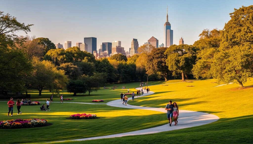A lush, verdant public park in New York City, bathed in warm, golden afternoon sunlight. In the foreground, a winding path meanders through a lush expanse of well-manicured lawns, dotted with vibrant flower beds and shady trees. In the middle ground, people stroll leisurely, enjoying the tranquil ambiance - joggers, families picnicking, and lovers walking hand-in-hand. In the background, the iconic skyline of Manhattan rises, its towering skyscrapers creating a striking, dynamic contrast against the serene park setting. The scene evokes a sense of urban respite, a peaceful oasis amid the bustling city.