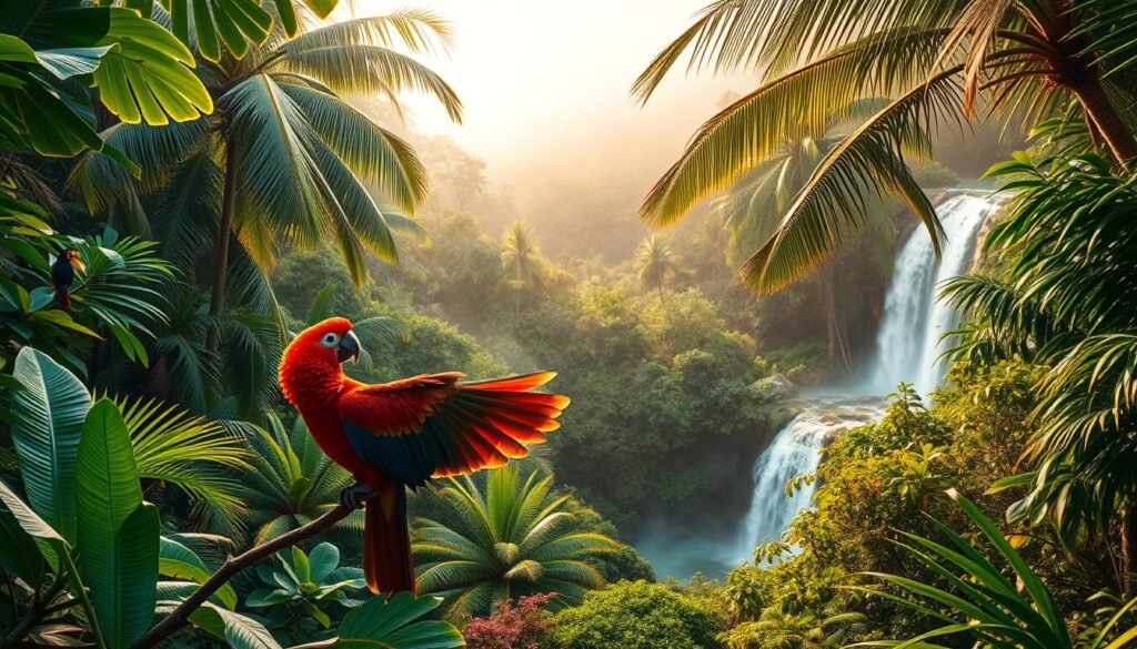 A lush, verdant rainforest in Kauai, Hawaii, filled with vibrant tropical foliage and an abundance of exotic wildlife. In the foreground, a vibrant red-crested cockatoo perches on a branch, its wings spread, surveying the scene. In the middle ground, a family of colorful toucans nests among the canopy of tall, swaying palm trees. In the background, a cascading waterfall plunges into a tranquil pool, its mist creating a sense of serene, mist-shrouded mystery. The lighting is soft and diffused, with warm, golden hues illuminating the scene, creating a sense of wonder and awe. The composition is balanced and dynamic, inviting the viewer to explore the rich, diverse ecosystem of this island paradise. A lush, verdant rainforest in Kauai, Hawaii, filled with vibrant tropical foliage and an abundance of exotic wildlife. In the foreground, a vibrant red-crested cockatoo perches on a branch, its wings spread, surveying the scene. In the middle ground, a family of colorful toucans nests among the canopy of tall, swaying palm trees. In the background, a cascading waterfall plunges into a tranquil pool, its mist creating a sense of serene, mist-shrouded mystery. The lighting is soft and diffused, with warm, golden hues illuminating the scene, creating a sense of wonder and awe. The composition is balanced and dynamic, inviting the viewer to explore the rich, diverse ecosystem of this island paradise.