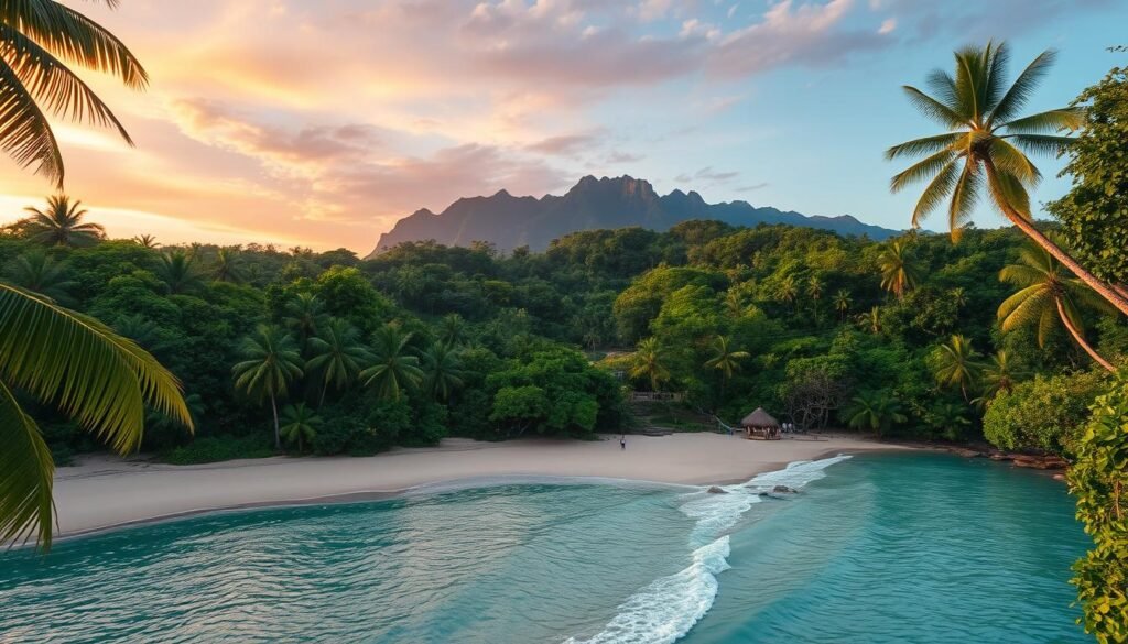 A lush, verdant tropical paradise on the Pacific coast of Costa Rica, Manuel Antonio National Park. In the foreground, a pristine white sand beach curves along the turquoise waters, palm trees swaying gently in the warm breeze. Farther inland, a dense jungle canopy teems with vibrant wildlife, monkeys and sloths lazily swinging from the branches. The middle ground reveals hiking trails winding through the verdant foliage, leading to hidden waterfalls and tranquil lagoons. In the background, the rugged coastal mountains rise majestically, their jagged peaks silhouetted against a vibrant sunset sky. Capture the essence of this natural wonder with a cinematic wide-angle lens, the scene bathed in a warm, golden glow that evokes the park's serene, enchanting atmosphere. A lush, verdant tropical paradise on the Pacific coast of Costa Rica, Manuel Antonio National Park. In the foreground, a pristine white sand beach curves along the turquoise waters, palm trees swaying gently in the warm breeze. Farther inland, a dense jungle canopy teems with vibrant wildlife, monkeys and sloths lazily swinging from the branches. The middle ground reveals hiking trails winding through the verdant foliage, leading to hidden waterfalls and tranquil lagoons. In the background, the rugged coastal mountains rise majestically, their jagged peaks silhouetted against a vibrant sunset sky. Capture the essence of this natural wonder with a cinematic wide-angle lens, the scene bathed in a warm, golden glow that evokes the park's serene, enchanting atmosphere.