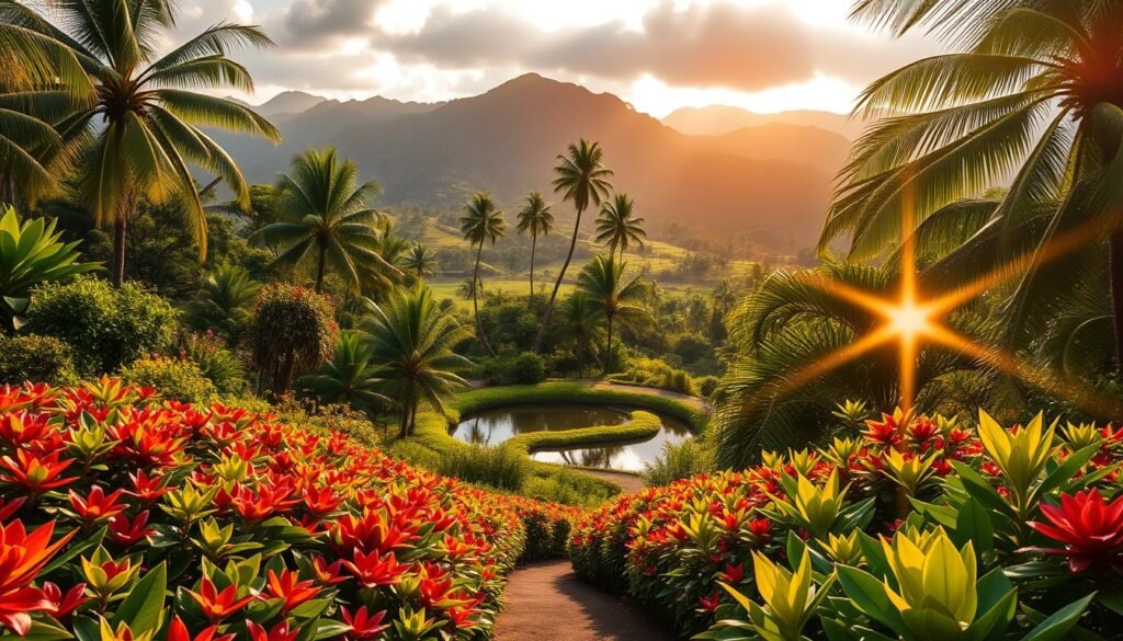 A lush, vibrant botanical garden on the Garden Island of Kauai. In the foreground, rows of vibrant tropical flowers and plants, their colors a feast for the eyes. In the middle ground, a winding path leads through a serene pond, with towering palm trees and exotic foliage creating a verdant canopy overhead. In the background, rolling hills and mountains rise, their slopes draped in a patchwork of verdant greens. The scene is bathed in warm, golden sunlight, casting a serene glow over the entire landscape. A lens flare adds a touch of whimsy, complementing the tranquil, magical atmosphere. Overall, the image conveys the breathtaking natural beauty and cultural richness of Kauai.