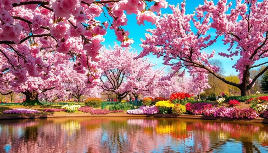 A lush, vibrant display of cherry blossoms in full bloom, their delicate pink petals cascading against a clear, azure sky. In the foreground, a tranquil pond reflects the delicate floral tapestry, its surface interrupted by the gentle ripple of a soft spring breeze. The middle ground is adorned with an array of other springtime blooms, including tulips, daffodils, and azaleas, creating a stunning and harmonious palette. Bathed in the warm, golden glow of the afternoon sun, the scene exudes a sense of serenity and the enchanting charm of Washington, DC's renowned cherry blossom festival.