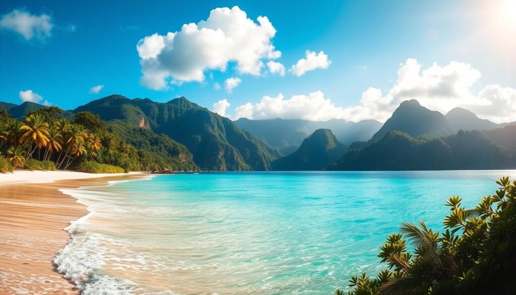 A lush, vibrant panorama showcasing the regional diversity of Belize. In the foreground, a crystal-clear turquoise sea laps against the white sandy beaches of a picturesque tropical caye, dotted with swaying palm trees. In the middle ground, rugged cliffs rise up from the coastline, cloaked in verdant rainforest. In the distance, the misty silhouettes of Maya mountains frame the scene, their peaks reaching towards the heavens. Warm, golden sunlight filters through fluffy clouds, casting a serene, dreamlike glow over the entire landscape. A sense of tranquility and wonder pervades the image, inviting the viewer to explore the unique and captivating regions of this beautiful Central American nation. A lush, vibrant panorama showcasing the regional diversity of Belize. In the foreground, a crystal-clear turquoise sea laps against the white sandy beaches of a picturesque tropical caye, dotted with swaying palm trees. In the middle ground, rugged cliffs rise up from the coastline, cloaked in verdant rainforest. In the distance, the misty silhouettes of Maya mountains frame the scene, their peaks reaching towards the heavens. Warm, golden sunlight filters through fluffy clouds, casting a serene, dreamlike glow over the entire landscape. A sense of tranquility and wonder pervades the image, inviting the viewer to explore the unique and captivating regions of this beautiful Central American nation.