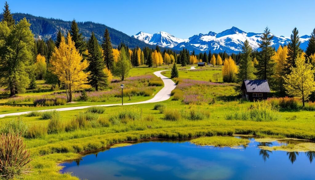 A lush, vibrant park in the heart of a picturesque mountain landscape, bathed in golden sunlight and filled with seasonal highlights. In the foreground, a serene pond reflects the azure sky and the surrounding verdant foliage. In the middle ground, a winding trail leads through a meadow dotted with colorful wildflowers, inviting visitors to explore the park's natural wonders. The background features majestic snow-capped peaks, their rugged beauty contrasting with the tranquil scene. The overall atmosphere conveys a sense of wonder and tranquility, capturing the essence of Yellowstone's captivating seasonal experiences. A lush, vibrant park in the heart of a picturesque mountain landscape, bathed in golden sunlight and filled with seasonal highlights. In the foreground, a serene pond reflects the azure sky and the surrounding verdant foliage. In the middle ground, a winding trail leads through a meadow dotted with colorful wildflowers, inviting visitors to explore the park's natural wonders. The background features majestic snow-capped peaks, their rugged beauty contrasting with the tranquil scene. The overall atmosphere conveys a sense of wonder and tranquility, capturing the essence of Yellowstone's captivating seasonal experiences.
