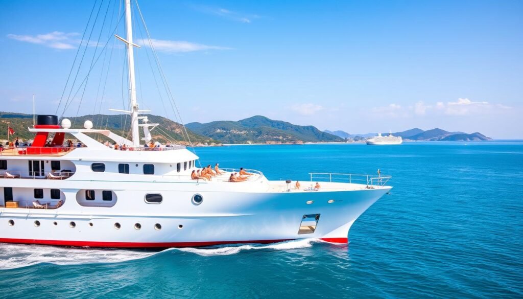 A luxurious cruise ship gently gliding across a serene azure ocean, its elegant silhouette casting a graceful reflection on the glimmering water. The vessel's gleaming white exterior is accented by a vibrant red hull, creating a striking contrast against the cloudless sky. Towering masts reach towards the heavens, their sails unfurled to catch the gentle breeze. On the upper deck, passengers recline on plush sun loungers, sipping refreshing cocktails and soaking in the warmth of the sun. In the distance, a picturesque coastal landscape emerges, with lush, verdant hills and quaint seaside towns beckoning for further exploration. The scene exudes a sense of tranquility and adventure, inviting the viewer to embark on a journey of discovery. A luxurious cruise ship gently gliding across a serene azure ocean, its elegant silhouette casting a graceful reflection on the glimmering water. The vessel's gleaming white exterior is accented by a vibrant red hull, creating a striking contrast against the cloudless sky. Towering masts reach towards the heavens, their sails unfurled to catch the gentle breeze. On the upper deck, passengers recline on plush sun loungers, sipping refreshing cocktails and soaking in the warmth of the sun. In the distance, a picturesque coastal landscape emerges, with lush, verdant hills and quaint seaside towns beckoning for further exploration. The scene exudes a sense of tranquility and adventure, inviting the viewer to embark on a journey of discovery.