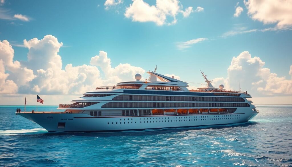 A luxurious cruise ship sailing through the azure waters of the Bahamas, its elegant silhouette gliding effortlessly against a backdrop of fluffy white clouds and a vibrant, sun-dappled sky. The deck is bustling with passengers enjoying the warm tropical breeze, some lounging by the pool, others exploring the various amenities on board. The ship's sleek, modern design and gleaming chrome accents reflect the high-end nature of the cruise experience. Warm, golden lighting casts a soft glow over the scene, creating a sense of relaxation and indulgence. The overall atmosphere conveys the perfect setting for an unforgettable Bahamas cruise vacation.