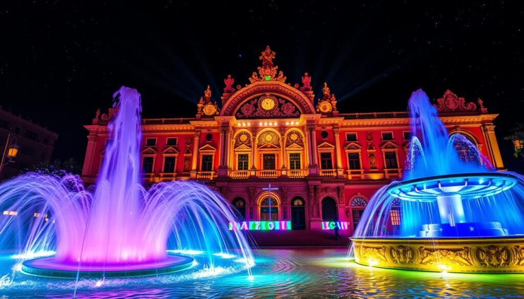 A magnificent concert hall, the Palau de la Música Catalana, illuminated by a dazzling array of lights that dance across its ornate facade. In the foreground, a stunning fountain springs to life, its cascading waters reflecting the multicolored illuminations that bathe the scene in a mesmerizing glow. The middle ground features the intricate architectural details of the Palau, its ornate carvings and sculptures casting dramatic shadows as the lights shift and change. In the background, a night sky filled with twinkling stars sets the stage for this enchanting performance of music and light, creating a captivating and immersive atmosphere.