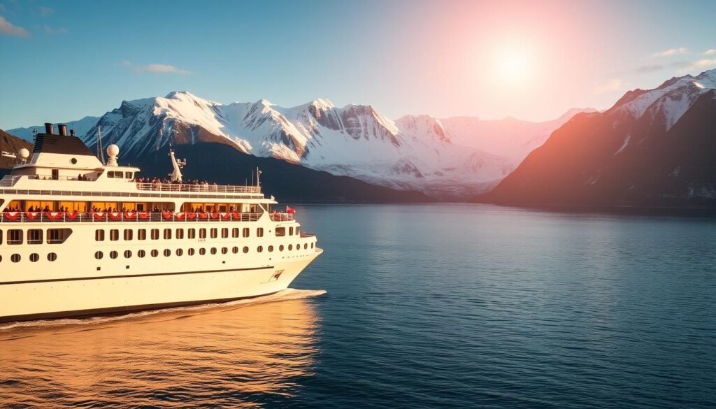 A magnificent cruise ship glides through the serene waters of Alaska's Inside Passage, its sleek hull reflecting the rugged, snow-capped mountains that rise in the distance. The vessel's decks are adorned with vibrant awnings, and passengers can be seen enjoying the crisp, fresh air and stunning vistas. The sun casts a warm, golden glow over the scene, illuminating the ship's elegant features and the surrounding natural beauty. A sense of adventure and exploration permeates the atmosphere, as the cruise offers a unique and unforgettable way to discover the wonders of this enchanting northern region. A magnificent cruise ship glides through the serene waters of Alaska's Inside Passage, its sleek hull reflecting the rugged, snow-capped mountains that rise in the distance. The vessel's decks are adorned with vibrant awnings, and passengers can be seen enjoying the crisp, fresh air and stunning vistas. The sun casts a warm, golden glow over the scene, illuminating the ship's elegant features and the surrounding natural beauty. A sense of adventure and exploration permeates the atmosphere, as the cruise offers a unique and unforgettable way to discover the wonders of this enchanting northern region.