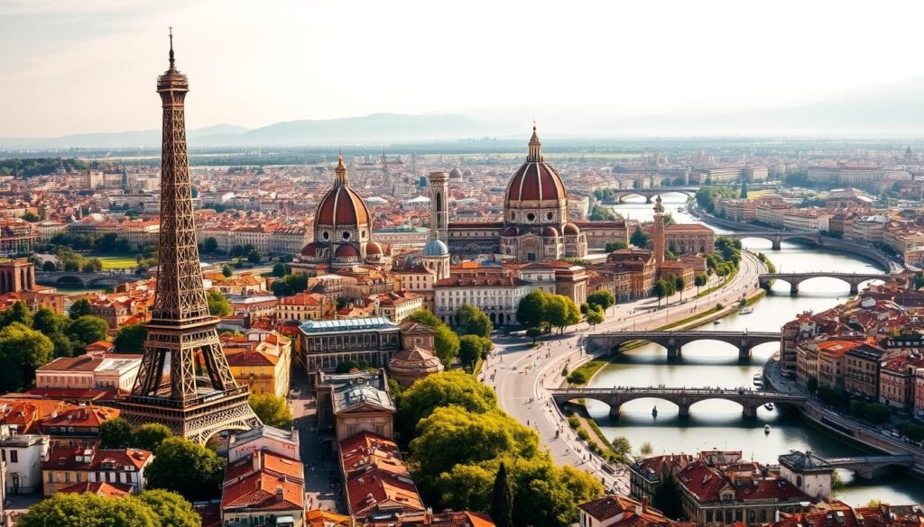 A magnificent panoramic cityscape showcasing the iconic landmarks of Paris, Florence, and Venice. In the foreground, the Eiffel Tower, the Duomo of Florence, and the Grand Canal of Venice stand tall and proud, their architectural wonders bathed in warm, golden sunlight. The middle ground features lush, verdant landscapes, cobblestone streets, and picturesque bridges, while the background is a tapestry of charming townhouses, winding waterways, and distant mountains. The scene is imbued with a sense of timeless elegance, inviting the viewer to experience the beauty and grandeur of these legendary European destinations. A magnificent panoramic cityscape showcasing the iconic landmarks of Paris, Florence, and Venice. In the foreground, the Eiffel Tower, the Duomo of Florence, and the Grand Canal of Venice stand tall and proud, their architectural wonders bathed in warm, golden sunlight. The middle ground features lush, verdant landscapes, cobblestone streets, and picturesque bridges, while the background is a tapestry of charming townhouses, winding waterways, and distant mountains. The scene is imbued with a sense of timeless elegance, inviting the viewer to experience the beauty and grandeur of these legendary European destinations.