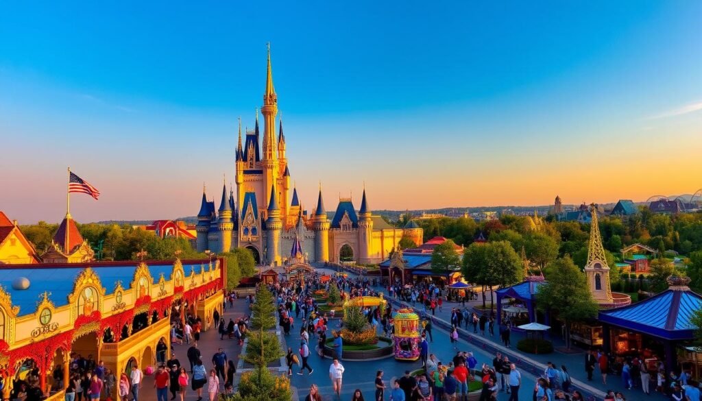A magnificent theme park skyline, with the iconic castle of a beloved Disney resort towering above vibrant, bustling crowds. In the foreground, guests stroll along a charming promenade, captivated by dazzling parades, lively street performers, and enchanting rides. The middle ground features intricate architecture, whimsical attractions, and lush, immersive landscapes, all bathed in the warm, golden glow of sunset. The background is a panoramic view of the park, with stunning details and a sense of boundless possibility, inviting visitors to explore the magic of this extraordinary destination.