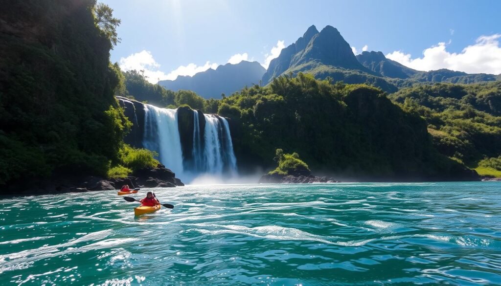 A magnificent waterfall cascades through a lush, verdant landscape on the island of Kauai. Sunlight dapples the rushing water, creating a shimmering, ethereal display. In the foreground, a tranquil pool reflects the towering cliffs and verdant foliage surrounding it. Kayakers glide across the serene surface, providing a sense of scale and adventure. In the middle ground, the waterfall plunges over a rocky outcrop, its thundering roar filling the air. Towering mountains rise in the background, their peaks shrouded in wispy clouds. The overall scene evokes a sense of awe and wonder, capturing the natural beauty and rugged charm of Kauai's stunning river and waterfall landscapes.