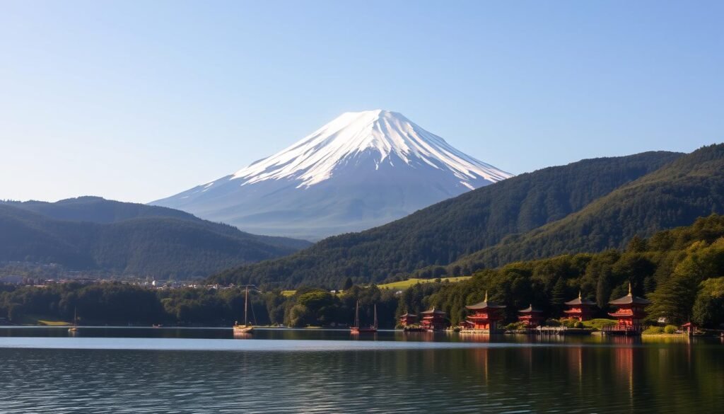 A majestic Mount Fuji, its snow-capped peak reaching towards the heavens, stands tall against a backdrop of a clear azure sky. In the foreground, a serene lake reflects the mountain's iconic silhouette, its tranquil waters dotted with traditional Japanese boats. The surrounding landscape is a tapestry of lush greenery, with rolling hills and verdant forests that provide a picturesque contrast to the grand mountain. Warm, golden sunlight filters through the scene, casting a warm glow and evoking a sense of peace and tranquility. A perfect representation of the natural beauty and cultural significance of this iconic Japanese landmark. A majestic Mount Fuji, its snow-capped peak reaching towards the heavens, stands tall against a backdrop of a clear azure sky. In the foreground, a serene lake reflects the mountain's iconic silhouette, its tranquil waters dotted with traditional Japanese boats. The surrounding landscape is a tapestry of lush greenery, with rolling hills and verdant forests that provide a picturesque contrast to the grand mountain. Warm, golden sunlight filters through the scene, casting a warm glow and evoking a sense of peace and tranquility. A perfect representation of the natural beauty and cultural significance of this iconic Japanese landmark.