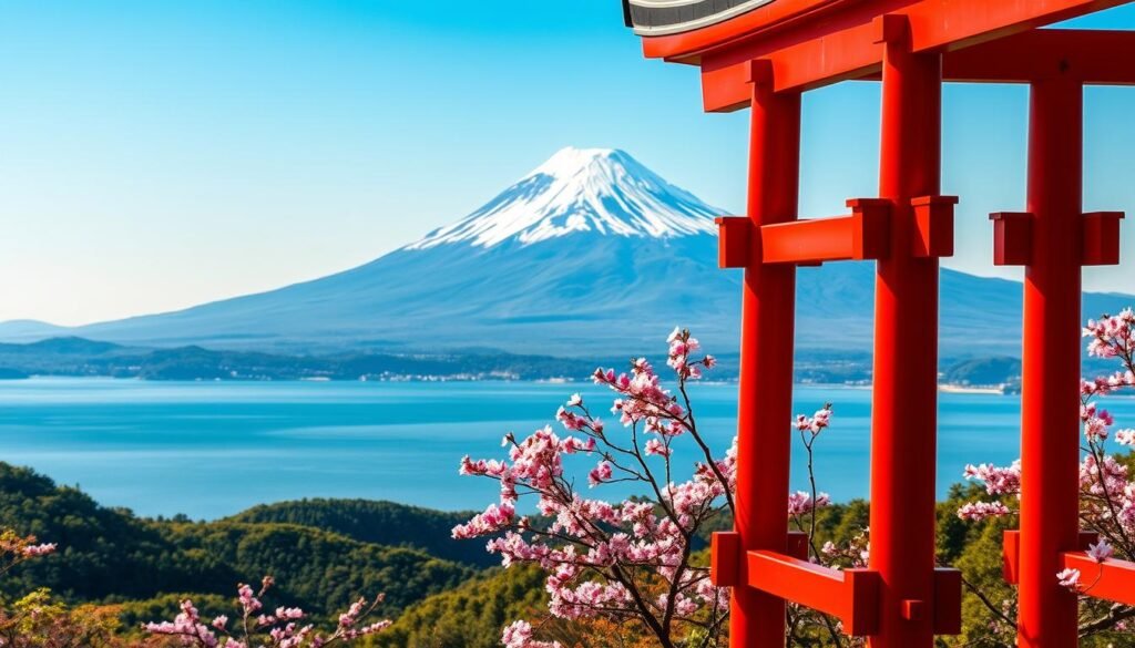 A majestic Mount Fuji towers in the distance, its snow-capped peak piercing the clear azure sky. In the foreground, a serene lake reflects the iconic volcano, its glassy surface rippling gently in the warm breeze. Lush, verdant foothills surround the lake, dotted with vibrant cherry blossoms that sway gracefully. The composition is framed by a traditional Japanese torii gate, its bright red hues contrasting beautifully with the natural landscape. The scene is bathed in the soft, golden glow of the afternoon sun, creating a warm and inviting atmosphere. This breathtaking vista captures the essence of Japan's most recognizable natural wonder, a timeless and awe-inspiring sight that will forever be etched in the memory of all who witness it.