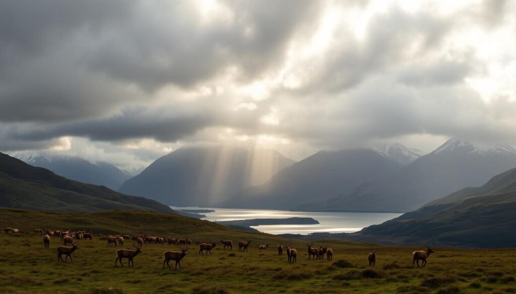 A majestic Scottish Highlands landscape, captured under a dramatic stormy sky. In the foreground, a herd of red deer graze peacefully on the lush, rolling hills. In the middle ground, a shimmering loch reflects the moody clouds above. In the distance, rugged, snow-capped mountains rise, their peaks piercing the misty atmosphere. The scene is illuminated by shafts of golden light peeking through the cloud cover, creating a sense of wonder and awe. Captured with a wide-angle lens to emphasize the vastness of the wilderness, this image perfectly encapsulates the wild and untamed beauty of Scotland's stunning natural landscapes. A majestic Scottish Highlands landscape, captured under a dramatic stormy sky. In the foreground, a herd of red deer graze peacefully on the lush, rolling hills. In the middle ground, a shimmering loch reflects the moody clouds above. In the distance, rugged, snow-capped mountains rise, their peaks piercing the misty atmosphere. The scene is illuminated by shafts of golden light peeking through the cloud cover, creating a sense of wonder and awe. Captured with a wide-angle lens to emphasize the vastness of the wilderness, this image perfectly encapsulates the wild and untamed beauty of Scotland's stunning natural landscapes.