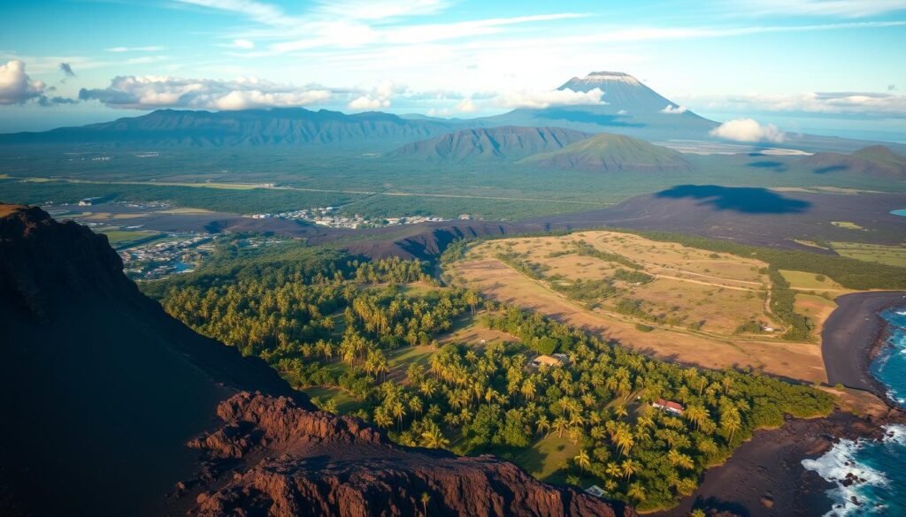 A majestic aerial view of Hawaiʻi Island, the largest of the Hawaiian archipelago, showcasing its diverse natural wonders. In the foreground, the rugged cliffs and pristine black sand beaches of Hawaiʻi Volcanoes National Park stand tall, hinting at the volcanic forces that shaped this island. The middle ground reveals the lush, verdant landscape dotted with towering palm trees and vibrant tropical foliage. In the background, the island's iconic volcanic peaks, including Mauna Loa and Mauna Kea, rise majestically, their snow-capped summits glistening under the warm, golden light of the setting sun. The scene exudes a sense of tranquility and awe-inspiring natural beauty, capturing the essence of Hawaiʻi Island as a premier destination for outdoor adventure and exploration. A majestic aerial view of Hawaiʻi Island, the largest of the Hawaiian archipelago, showcasing its diverse natural wonders. In the foreground, the rugged cliffs and pristine black sand beaches of Hawaiʻi Volcanoes National Park stand tall, hinting at the volcanic forces that shaped this island. The middle ground reveals the lush, verdant landscape dotted with towering palm trees and vibrant tropical foliage. In the background, the island's iconic volcanic peaks, including Mauna Loa and Mauna Kea, rise majestically, their snow-capped summits glistening under the warm, golden light of the setting sun. The scene exudes a sense of tranquility and awe-inspiring natural beauty, capturing the essence of Hawaiʻi Island as a premier destination for outdoor adventure and exploration.