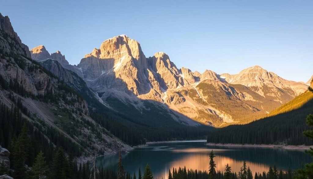 A majestic alpine landscape at the heart of Rocky Mountain National Park, Colorado. In the foreground, towering granite peaks rise into a crisp, clear sky, their jagged silhouettes casting long shadows across the scene. Descending the slopes, a pristine alpine lake reflects the surrounding mountains, its mirror-like surface interrupted by the gentle ripples of a light breeze. In the middle ground, lush evergreen forests cling to the mountainsides, their canopy of deep green foliage providing a rich contrast to the rugged rock formations. A warm, golden glow filters through the atmosphere, illuminating the scene with a soft, natural light that evokes the serene, awe-inspiring beauty of this high-elevation wilderness. A majestic alpine landscape at the heart of Rocky Mountain National Park, Colorado. In the foreground, towering granite peaks rise into a crisp, clear sky, their jagged silhouettes casting long shadows across the scene. Descending the slopes, a pristine alpine lake reflects the surrounding mountains, its mirror-like surface interrupted by the gentle ripples of a light breeze. In the middle ground, lush evergreen forests cling to the mountainsides, their canopy of deep green foliage providing a rich contrast to the rugged rock formations. A warm, golden glow filters through the atmosphere, illuminating the scene with a soft, natural light that evokes the serene, awe-inspiring beauty of this high-elevation wilderness.