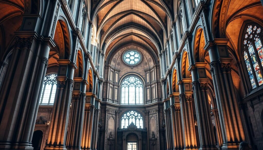 A majestic architectural masterpiece standing tall in the heart of Belém, the Jerónimos Monastery exudes a harmonious blend of Manueline and Renaissance styles. Towering stone columns, intricate carvings, and ornate Gothic windows create a captivating facade that beckons visitors to explore its grand interiors. Soft, warm lighting filters through the stained glass, casting a serene, ethereal glow upon the ornate vaulted ceilings and delicate stone tracery. A sense of timeless elegance and historical grandeur pervades the scene, transporting the viewer to a bygone era of Portuguese exploration and cultural flourishing. The image conveys the quintessential Belém experience, where the Jerónimos Monastery stands as a majestic centerpiece amidst the bustling energy of this vibrant neighborhood.