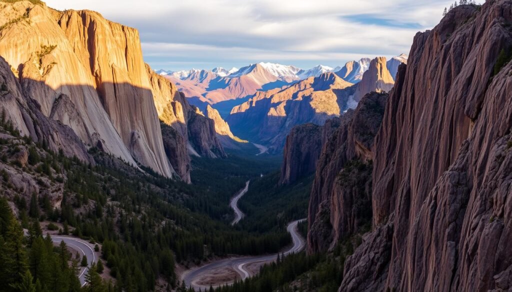 A majestic canyon landscape in Sequoia and Kings Canyon National Park, California. In the foreground, towering granite cliffs rise up, their rugged surfaces illuminated by warm, golden sunlight. A winding road snakes through the middle ground, flanked by lush, verdant forests and the occasional glimpse of a glistening river below. In the distance, the canyon stretches out, its sweeping vistas framed by dramatic peaks and ridges, their snow-capped summits glowing in the afternoon light. The scene exudes a sense of scale, power, and timeless beauty, inviting the viewer to embark on an awe-inspiring journey through this remarkable natural wonder. A majestic canyon landscape in Sequoia and Kings Canyon National Park, California. In the foreground, towering granite cliffs rise up, their rugged surfaces illuminated by warm, golden sunlight. A winding road snakes through the middle ground, flanked by lush, verdant forests and the occasional glimpse of a glistening river below. In the distance, the canyon stretches out, its sweeping vistas framed by dramatic peaks and ridges, their snow-capped summits glowing in the afternoon light. The scene exudes a sense of scale, power, and timeless beauty, inviting the viewer to embark on an awe-inspiring journey through this remarkable natural wonder.