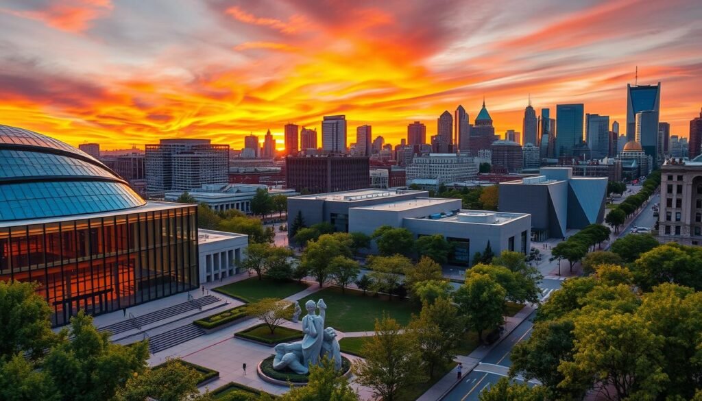 A majestic cityscape of Kansas City's renowned arts and museum district, captured under a golden hour glow. In the foreground, the striking glass façade of the Nelson-Atkins Museum of Art reflects the warm hues of the setting sun. The lush, sculptural gardens surrounding the museum create a serene, contemplative atmosphere. In the middle ground, the bold, angular forms of the Kemper Museum of Contemporary Art stand in contrast, their modern design complemented by the verdant trees lining the streets. In the background, the iconic silhouettes of the city's skyscrapers and historic landmarks rise against a vibrant, richly-colored sky, hinting at the diverse cultural tapestry that defines this vibrant Midwest metropolis. A majestic cityscape of Kansas City's renowned arts and museum district, captured under a golden hour glow. In the foreground, the striking glass façade of the Nelson-Atkins Museum of Art reflects the warm hues of the setting sun. The lush, sculptural gardens surrounding the museum create a serene, contemplative atmosphere. In the middle ground, the bold, angular forms of the Kemper Museum of Contemporary Art stand in contrast, their modern design complemented by the verdant trees lining the streets. In the background, the iconic silhouettes of the city's skyscrapers and historic landmarks rise against a vibrant, richly-colored sky, hinting at the diverse cultural tapestry that defines this vibrant Midwest metropolis.