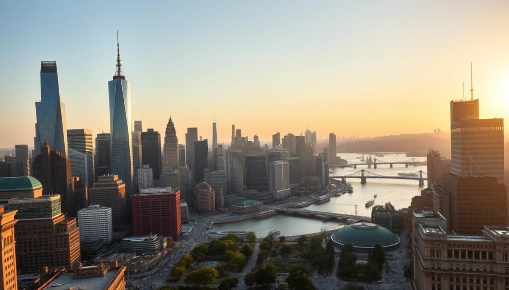 A majestic cityscape with towering skyscrapers piercing the sky, their glass facades reflecting the warm glow of the setting sun. In the foreground, bustling streets teeming with people and vehicles, their energy and vibrancy palpable. Winding through the urban landscape, a river dotted with boats and ferries, its tranquil waters contrasting with the dynamic city. In the distance, iconic landmarks and monuments stand tall, their distinctive silhouettes instantly recognizable. The scene is bathed in a soft, golden light, creating a sense of timeless elegance and grandeur. This is an iconic city, a place that captivates the senses and lives up to the hype, a must-visit destination for any discerning traveler.