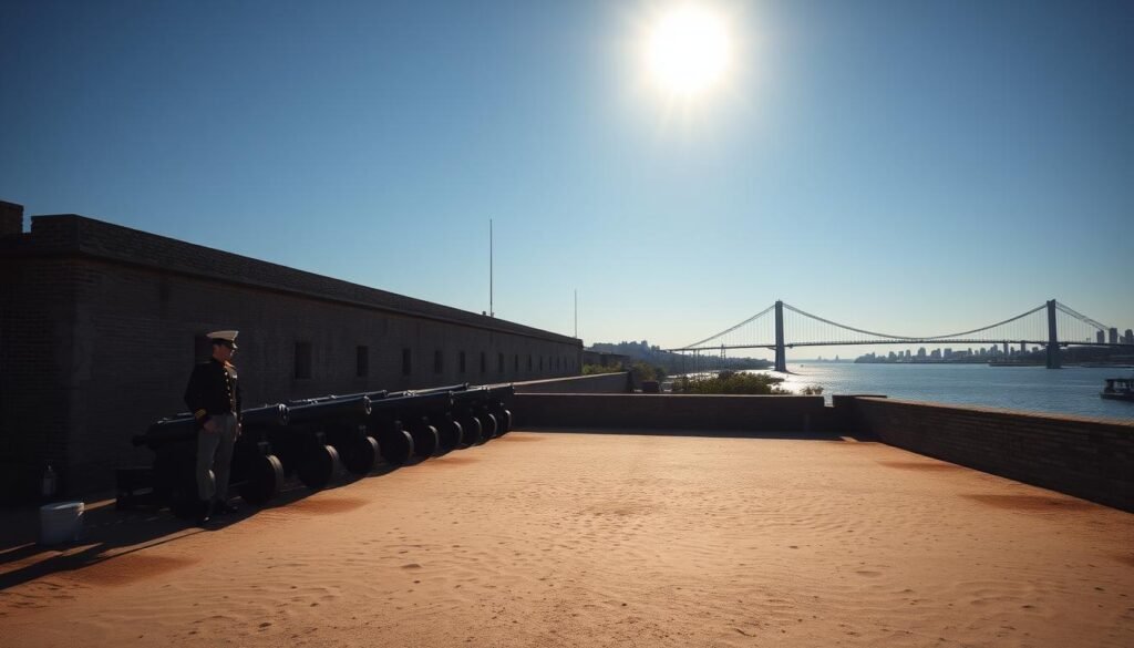 A majestic fortress standing guard over the Charleston harbor, Fort Sumter's weathered brick walls rise against a clear blue sky. The sun glints off the cannon barrels lining the ramparts, casting long shadows across the sandy parade ground. In the foreground, a lone figure in period uniform patrols the battlements, surveying the glistening waters of the harbor. In the distance, the iconic Arthur Ravenel Jr. Bridge and the towering spires of Charleston's historic skyline create a striking backdrop, hinting at the city's enduring military heritage. The scene evokes a sense of history, power, and the resilience of this Southern stronghold. A majestic fortress standing guard over the Charleston harbor, Fort Sumter's weathered brick walls rise against a clear blue sky. The sun glints off the cannon barrels lining the ramparts, casting long shadows across the sandy parade ground. In the foreground, a lone figure in period uniform patrols the battlements, surveying the glistening waters of the harbor. In the distance, the iconic Arthur Ravenel Jr. Bridge and the towering spires of Charleston's historic skyline create a striking backdrop, hinting at the city's enduring military heritage. The scene evokes a sense of history, power, and the resilience of this Southern stronghold.