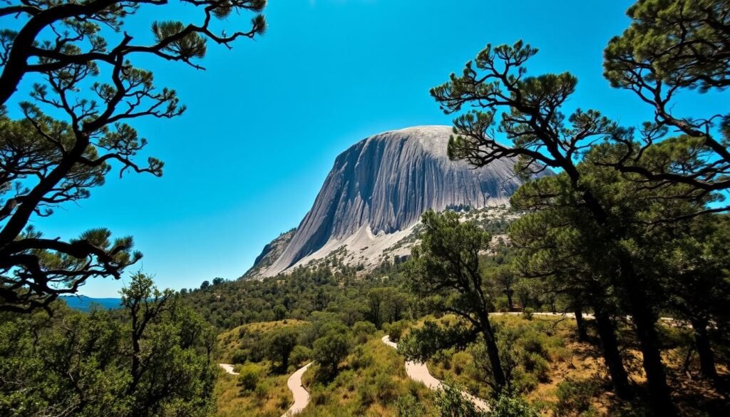 A majestic granite dome rises against a clear azure sky, its weathered surface glowing with a mystical radiance. Towering trees and lush vegetation frame the scene, creating an enchanting natural oasis. Sunlight filters through the canopy, casting soft, dappled shadows that dance across the undulating terrain. In the distance, a winding trail invites hikers to explore the verdant hills and hidden coves of this geological wonder. The overall atmosphere is one of tranquility and a sense of ancient, otherworldly magic, reflecting the allure of Enchanted Rock, a cherished outdoor destination in the heart of the Texas Hill Country.