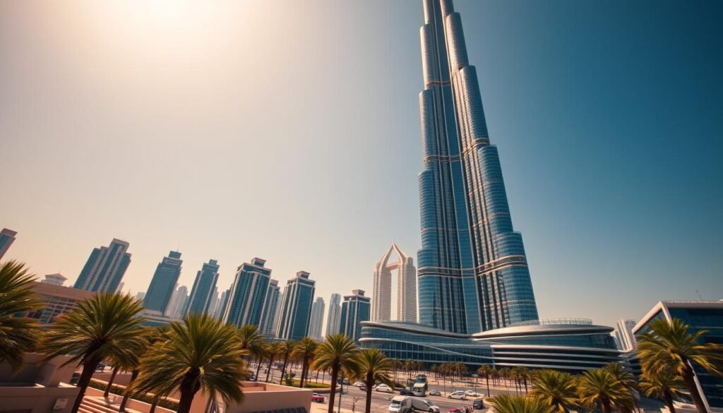 A majestic, high-resolution image of the Burj Khalifa, the iconic skyscraper in Dubai, UAE. The towering structure dominates the frame, soaring gracefully against a clear, azure sky. The image captures the Burj Khalifa from a low angle, emphasizing its impressive height and architectural elegance. The building's sleek, curved glass and steel facade glistens in the warm, golden sunlight, casting dramatic shadows across the surrounding cityscape. In the foreground, a bustling urban landscape unfolds, with modern high-rises, lush palm trees, and a glimpse of the city's vibrant streets. The overall scene conveys a sense of awe, grandeur, and the dynamic energy of Dubai.