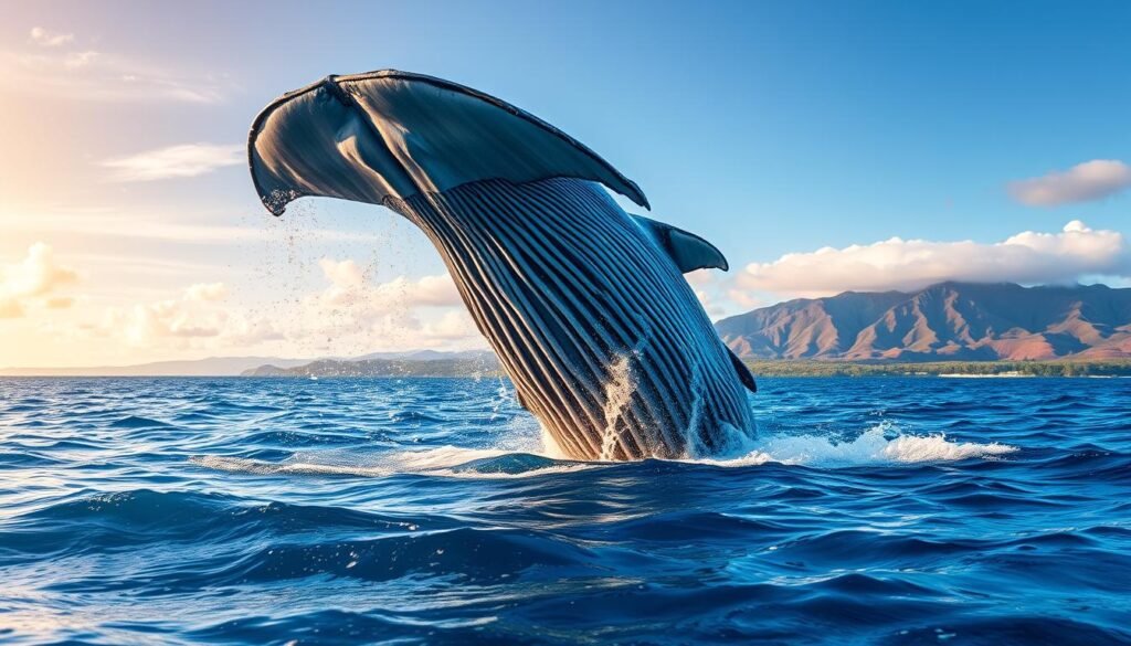 A majestic humpback whale breaching the crystal-clear ocean waters, its massive body gracefully arching against a vibrant, tropical sky. The foreground captures the whale's powerful tail fluke and the spray of water cascading around it, while the middle ground showcases the creature's glistening, gray skin and distinctive hump. In the background, a lush, verdant coastline and distant, volcanic peaks create a breathtaking Hawaiian landscape. Soft, warm lighting illuminates the scene, lending an air of tranquility and wonder. Capture the awe-inspiring moment of these magnificent marine giants as they return to the islands during their annual migration. A majestic humpback whale breaching the crystal-clear ocean waters, its massive body gracefully arching against a vibrant, tropical sky. The foreground captures the whale's powerful tail fluke and the spray of water cascading around it, while the middle ground showcases the creature's glistening, gray skin and distinctive hump. In the background, a lush, verdant coastline and distant, volcanic peaks create a breathtaking Hawaiian landscape. Soft, warm lighting illuminates the scene, lending an air of tranquility and wonder. Capture the awe-inspiring moment of these magnificent marine giants as they return to the islands during their annual migration.