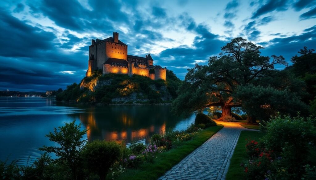 A majestic medieval castle perched atop a towering cliff, its imposing stone walls and turrets silhouetted against a dramatic, dusky sky. The castle's reflection ripples in a tranquil lake below, mirroring its regal splendor. Warm golden light spills from the castle's windows, casting a warm glow over the surrounding countryside. In the foreground, a cobblestone path winds through a lush, verdant garden, dotted with fragrant flowers and ancient oak trees. The scene evokes a sense of timeless grandeur and historical significance, perfectly capturing the essence of Europe's captivating heritage. A majestic medieval castle perched atop a towering cliff, its imposing stone walls and turrets silhouetted against a dramatic, dusky sky. The castle's reflection ripples in a tranquil lake below, mirroring its regal splendor. Warm golden light spills from the castle's windows, casting a warm glow over the surrounding countryside. In the foreground, a cobblestone path winds through a lush, verdant garden, dotted with fragrant flowers and ancient oak trees. The scene evokes a sense of timeless grandeur and historical significance, perfectly capturing the essence of Europe's captivating heritage.