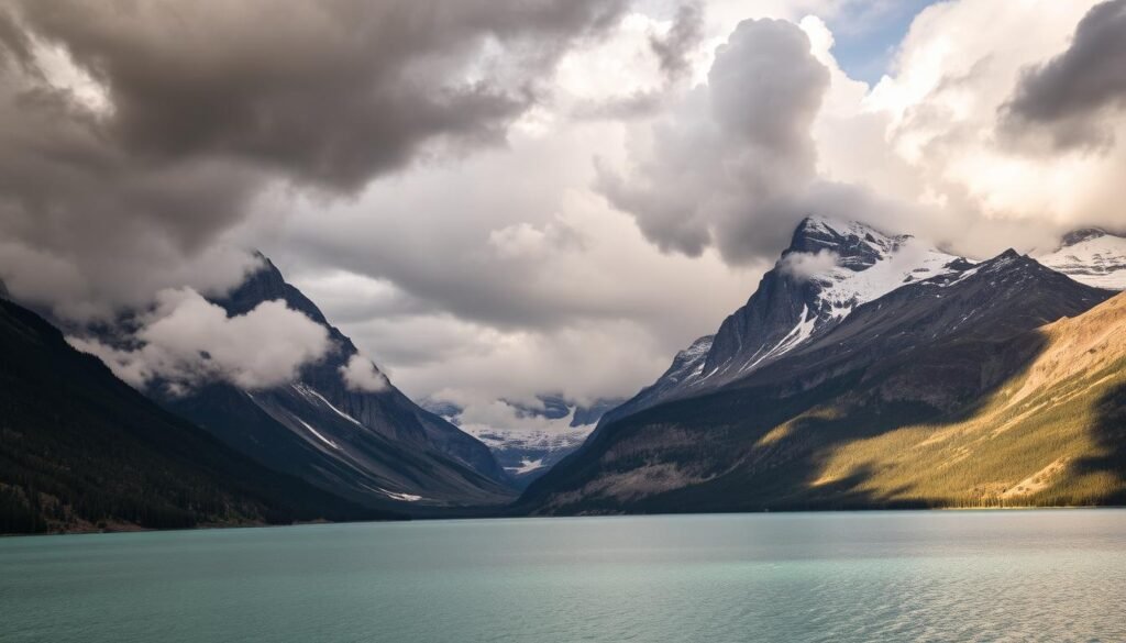 A majestic mountain landscape in Banff National Park, Canada, with a dynamic weather scene. In the foreground, rolling clouds cast dramatic shadows across the rugged peaks, their craggy silhouettes piercing the moody sky. In the middle ground, a pristine alpine lake reflects the ever-changing atmospheric conditions, its surface rippling with the gentle breeze. The background is dominated by the towering, snow-capped Rocky Mountains, their jagged profiles standing tall against the backdrop of a shifting, unpredictable weather pattern. The lighting is a captivating interplay of warm, golden sunlight and cool, diffused overcast tones, creating a sense of atmospheric tension and visual interest. Captured with a wide-angle lens to emphasize the grandeur of the natural setting, this image evokes the variable, awe-inspiring weather that visitors to Banff can expect to experience throughout the year. A majestic mountain landscape in Banff National Park, Canada, with a dynamic weather scene. In the foreground, rolling clouds cast dramatic shadows across the rugged peaks, their craggy silhouettes piercing the moody sky. In the middle ground, a pristine alpine lake reflects the ever-changing atmospheric conditions, its surface rippling with the gentle breeze. The background is dominated by the towering, snow-capped Rocky Mountains, their jagged profiles standing tall against the backdrop of a shifting, unpredictable weather pattern. The lighting is a captivating interplay of warm, golden sunlight and cool, diffused overcast tones, creating a sense of atmospheric tension and visual interest. Captured with a wide-angle lens to emphasize the grandeur of the natural setting, this image evokes the variable, awe-inspiring weather that visitors to Banff can expect to experience throughout the year.