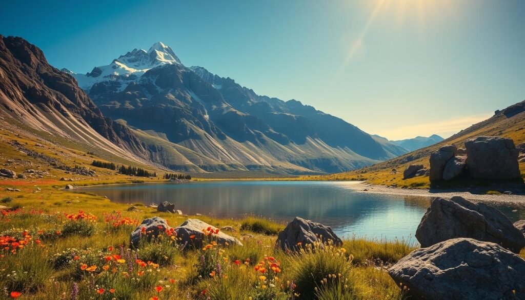 A majestic mountain range rises against a brilliant azure sky, its snow-capped peaks reaching towards the heavens. In the foreground, a lush meadow dotted with vibrant wildflowers sways gently in a soft breeze. A pristine alpine lake reflects the rugged beauty of the surrounding landscape, its crystal-clear waters shimmering in the warm, golden sunlight. Rugged, weathered boulders dot the scene, adding a sense of timeless grandeur. The overall atmosphere is one of serene tranquility, inviting the viewer to immerse themselves in the natural splendor of the Mountain West.