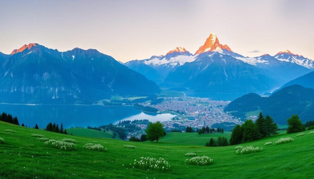 A majestic panorama of the Bernese Oberland, Switzerland's alpine wonderland. In the foreground, the crystal-clear waters of Lake Thun reflect the towering peaks of the Eiger, Mönch, and Jungfrau. Verdant meadows dotted with wildflowers lead the eye towards the quaint village of Interlaken, nestled between the lakes. In the middle ground, the iconic Wetterhorn and Fiescherhorn mountains rise, their snow-capped summits glowing in the soft, golden light of the evening. The background is dominated by the dramatic, craggy silhouettes of the Bernese Alps, their rocky faces sculpted by glaciers over millennia. An atmosphere of tranquility and wonder permeates the scene, inviting the viewer to immerse themselves in the breathtaking beauty of this Swiss alpine paradise. A majestic panorama of the Bernese Oberland, Switzerland's alpine wonderland. In the foreground, the crystal-clear waters of Lake Thun reflect the towering peaks of the Eiger, Mönch, and Jungfrau. Verdant meadows dotted with wildflowers lead the eye towards the quaint village of Interlaken, nestled between the lakes. In the middle ground, the iconic Wetterhorn and Fiescherhorn mountains rise, their snow-capped summits glowing in the soft, golden light of the evening. The background is dominated by the dramatic, craggy silhouettes of the Bernese Alps, their rocky faces sculpted by glaciers over millennia. An atmosphere of tranquility and wonder permeates the scene, inviting the viewer to immerse themselves in the breathtaking beauty of this Swiss alpine paradise.