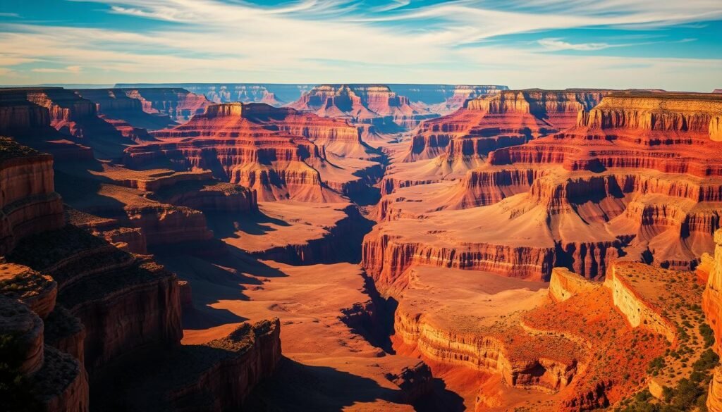 A majestic panorama of the Grand Canyon in its seasonal splendor. In the foreground, the iconic layered rock formations stretch out, their shadows dancing across the sun-kissed terrain. The middle ground is alive with vibrant hues - the reds, oranges, and golds of autumn foliage, the lush greens of spring, or the soft pastels of summer. In the distance, the vast canyon opens up, its depth and scale emphasized by the dramatic lighting - warm golden rays filtering through wispy clouds or crisp, clear skies. A sense of timeless wonder and natural beauty pervades the scene, capturing the essence of the Grand Canyon's distinct seasonal transformations. A majestic panorama of the Grand Canyon in its seasonal splendor. In the foreground, the iconic layered rock formations stretch out, their shadows dancing across the sun-kissed terrain. The middle ground is alive with vibrant hues - the reds, oranges, and golds of autumn foliage, the lush greens of spring, or the soft pastels of summer. In the distance, the vast canyon opens up, its depth and scale emphasized by the dramatic lighting - warm golden rays filtering through wispy clouds or crisp, clear skies. A sense of timeless wonder and natural beauty pervades the scene, capturing the essence of the Grand Canyon's distinct seasonal transformations.