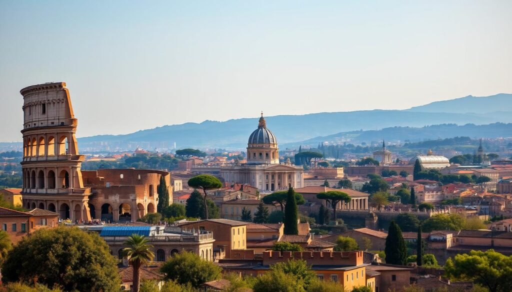 A majestic panoramic view of Rome, the Eternal City, with its iconic landmarks and ancient ruins bathed in warm, golden afternoon light. In the foreground, the iconic Colosseum stands tall, its towering arches and intricate architecture creating a sense of grandeur. In the middle ground, the domed silhouette of St. Peter's Basilica rises above the rooftops, a testament to the city's rich religious heritage. In the background, the rolling hills of the Roman countryside provide a picturesque backdrop, with a hazy blue sky overhead. The scene conveys a harmonious blend of Rome's ancient history, architectural splendor, and living culture, inviting the viewer to explore and immerse themselves in the timeless allure of this remarkable city.