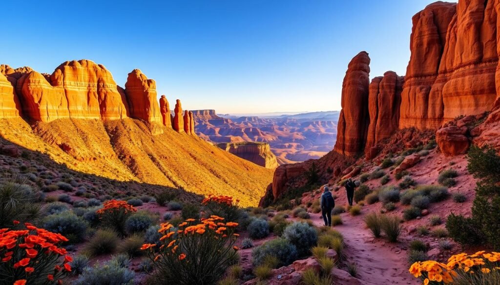 A majestic red rock landscape bathed in warm, golden sunlight. Towering sandstone formations jut out against a clear blue sky, their craggy surfaces sculpted by the elements over eons. In the foreground, a winding hiking trail meanders through the rugged terrain, flanked by vibrant desert flora - crimson yucca, golden poppies, and verdant scrub. Hikers traverse the path, their silhouettes adding a sense of scale and adventure. The middle ground reveals a distant vista of undulating red hills and canyons, their shadows and contours creating a captivating play of light and shadow. An aura of tranquility and timelessness permeates the scene, inviting the viewer to embark on an immersive exploration of this geological wonder.