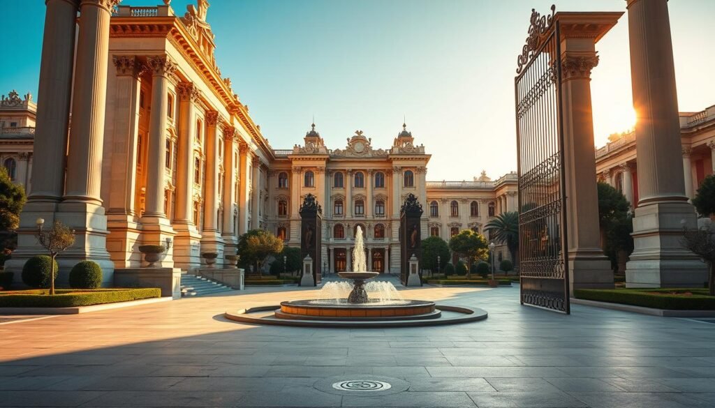A majestic royal palace stands tall, its ornate facade bathed in warm, golden light. Towering columns and intricate architectural details create a grand, regal atmosphere. The palace's expansive courtyard is paved with smooth, polished stone, surrounded by lush gardens and fountains that shimmer in the afternoon sun. Through the open gates, a glimpse of the palace's opulent interiors can be seen, with rich tapestries, gilded furnishings, and a grand, sweeping staircase. The overall scene exudes a sense of historical grandeur and elegance, befitting the setting of this iconic Madrid landmark.