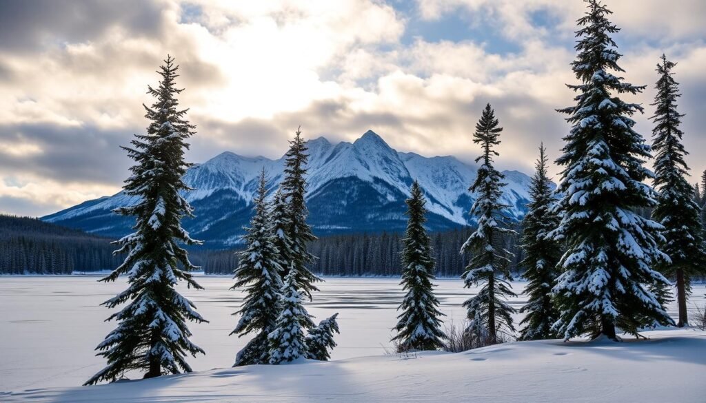 A majestic snow-capped mountain range rises in the background, its peaks piercing the cloudy winter sky. In the middle ground, a frozen lake reflects the tranquil scene, its surface blanketed in a layer of pristine white snow. In the foreground, towering evergreen trees stand tall, their branches laden with glistening snowfall. The sun peeks through the clouds, casting a warm, golden glow over the entire landscape. A sense of serene adventure and peaceful isolation permeates the scene, inviting the viewer to explore the untamed beauty of this winter wonderland. A majestic snow-capped mountain range rises in the background, its peaks piercing the cloudy winter sky. In the middle ground, a frozen lake reflects the tranquil scene, its surface blanketed in a layer of pristine white snow. In the foreground, towering evergreen trees stand tall, their branches laden with glistening snowfall. The sun peeks through the clouds, casting a warm, golden glow over the entire landscape. A sense of serene adventure and peaceful isolation permeates the scene, inviting the viewer to explore the untamed beauty of this winter wonderland.