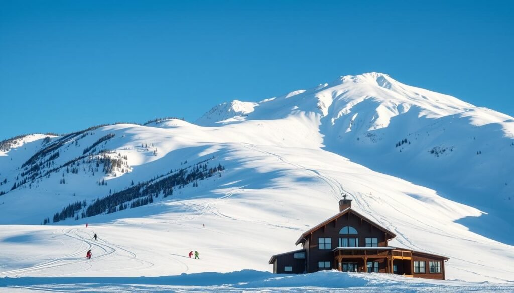A majestic snow-capped mountain rises against a clear blue sky, its slopes blanketed in a pristine layer of powdery white. Skiers carve graceful turns through the untouched terrain, leaving behind a mesmerizing pattern of tracks. In the foreground, a rustic wooden lodge stands, its warm glow inviting weary adventurers to rest and rejuvenate. The scene conveys a sense of tranquility and isolation, perfectly capturing the no-frills mountain vibe of Alta, Utah, a legendary destination for powder enthusiasts. Crisp, natural lighting illuminates the mountainous landscape, while a wide-angle lens captures the grandeur of the setting, showcasing the allure of this winter wonderland. A majestic snow-capped mountain rises against a clear blue sky, its slopes blanketed in a pristine layer of powdery white. Skiers carve graceful turns through the untouched terrain, leaving behind a mesmerizing pattern of tracks. In the foreground, a rustic wooden lodge stands, its warm glow inviting weary adventurers to rest and rejuvenate. The scene conveys a sense of tranquility and isolation, perfectly capturing the no-frills mountain vibe of Alta, Utah, a legendary destination for powder enthusiasts. Crisp, natural lighting illuminates the mountainous landscape, while a wide-angle lens captures the grandeur of the setting, showcasing the allure of this winter wonderland.