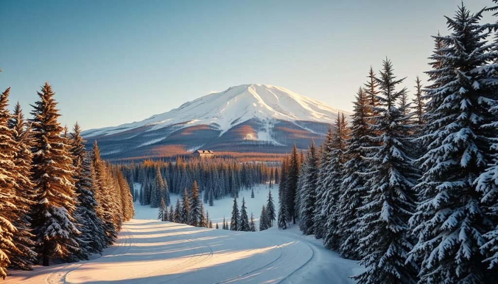 A majestic snow-capped mountain rises against a crisp, azure sky, its slopes blanketed in pristine white powder. In the foreground, a winding ski trail weaves through a dense forest of towering evergreens, their branches heavy with glistening snow. The scene is bathed in the warm, golden glow of the winter sun, casting long shadows and creating a serene, tranquil atmosphere. In the distance, a cozy ski lodge sits nestled in the valley, its windows aglow with the promise of hot cocoa and roaring fireplaces. The overall impression is one of peaceful, idyllic escape, inviting the viewer to experience the beauty and wonder of a true winter wonderland. A majestic snow-capped mountain rises against a crisp, azure sky, its slopes blanketed in pristine white powder. In the foreground, a winding ski trail weaves through a dense forest of towering evergreens, their branches heavy with glistening snow. The scene is bathed in the warm, golden glow of the winter sun, casting long shadows and creating a serene, tranquil atmosphere. In the distance, a cozy ski lodge sits nestled in the valley, its windows aglow with the promise of hot cocoa and roaring fireplaces. The overall impression is one of peaceful, idyllic escape, inviting the viewer to experience the beauty and wonder of a true winter wonderland.