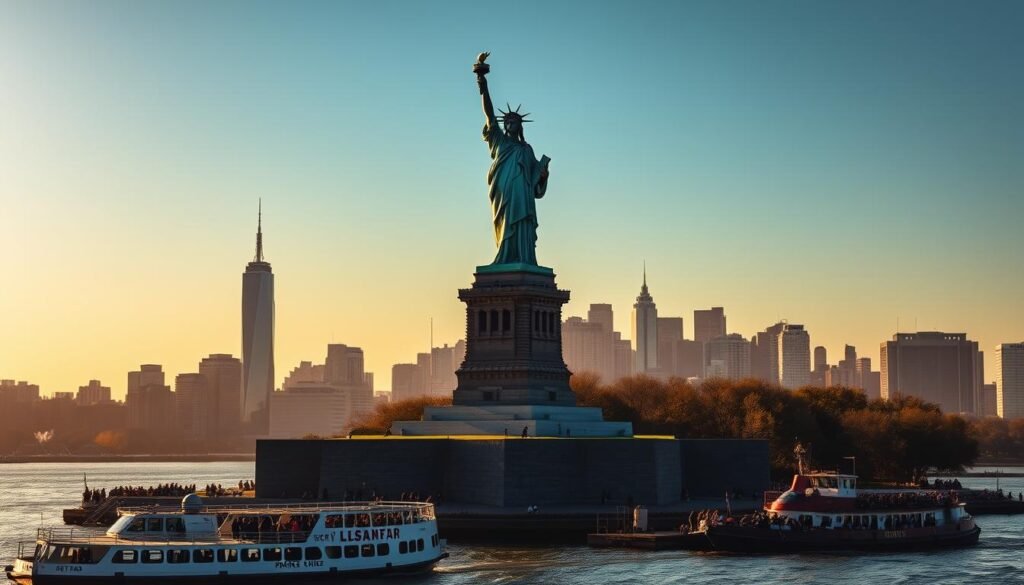 A majestic statue silhouetted against a vibrant New York City skyline, the iconic Statue of Liberty stands tall and proud, her torch held high, illuminated by warm, golden sunlight. In the foreground, the ferry docks are bustling with visitors eager to experience this historic landmark up close, while in the middle ground, the grand stone pedestal and detailed sculptural elements come into focus. The overall scene exudes a sense of awe, wonder, and deep reverence for the Statue's enduring significance as a symbol of freedom and democracy.