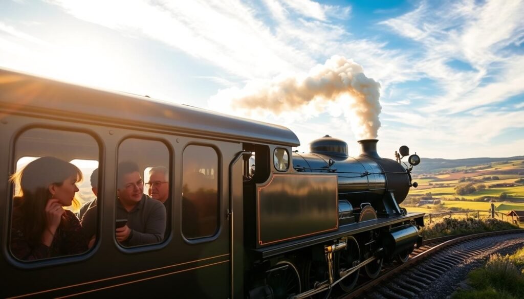 A majestic steam locomotive, its powerful engine bellowing thick plumes of smoke, glides along the historic Lancaster rails. Passengers peer out the windows, captivated by the picturesque countryside vistas of rolling hills and lush meadows. The warm glow of the sun filters through the carriage, casting a cozy, nostalgic ambiance. The locomotive's chrome accents and polished brass fittings gleam, evoking the timeless elegance of a bygone era. Overhead, wispy clouds drift lazily across a brilliant blue sky. The scene exudes a sense of adventure, wonder, and the enduring appeal of classic rail travel.