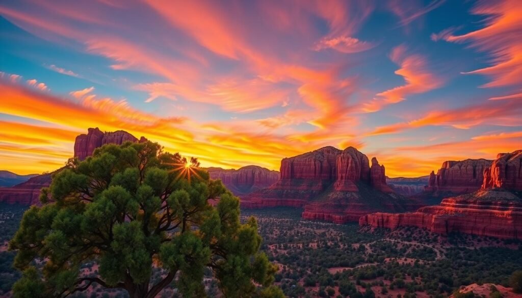 A majestic sunset over the iconic red rock formations of Sedona, Arizona. The warm, golden rays bathe the towering sandstone cliffs in a vibrant, fiery glow, casting long shadows across the rugged landscape. In the foreground, a lush, verdant oak tree stands as a serene contrast, its leaves rustling gently in the cool evening breeze. The sky is a breathtaking display of vivid oranges, pinks, and purples, with wispy clouds adding depth and texture. The scene is captured with a wide-angle lens, emphasizing the vast, dramatic scale of the environment. This image perfectly encapsulates the beauty and serenity of Sedona's most breathtaking sunset viewpoints.