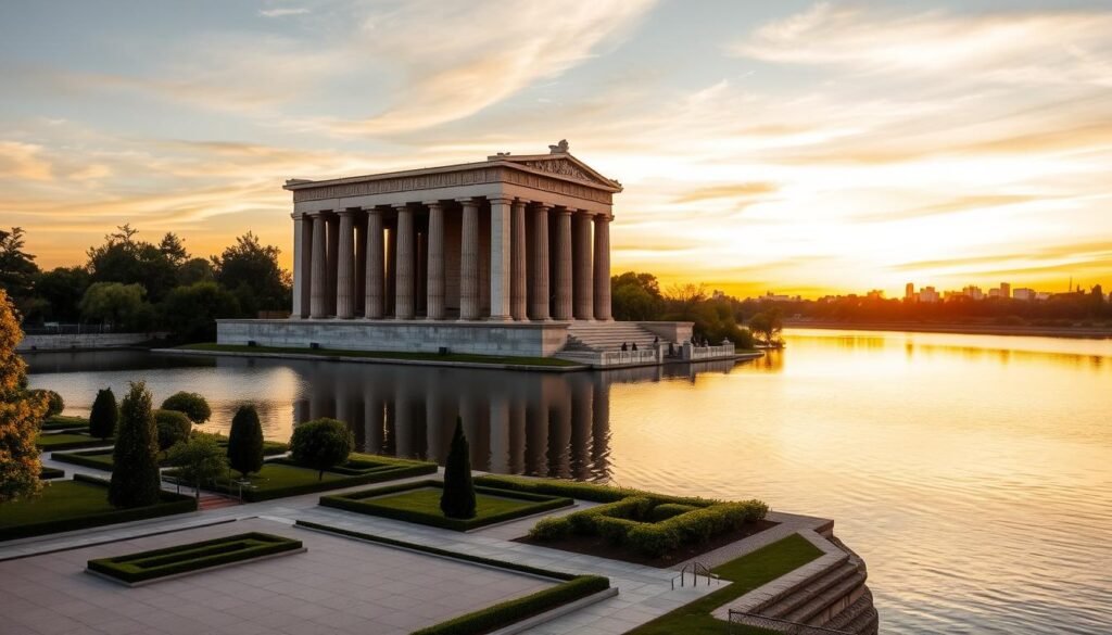 A majestic temple nestled against the serene waters of Madrid's Manzanares River, the Temple of Debod stands tall, its ancient Egyptian architecture bathed in the warm glow of the setting sun. Towering columns and intricate carvings reflect in the still surface, creating a breathtaking symmetry. In the foreground, a small plaza invites visitors to linger, capturing the moment as the sky transforms into a tapestry of vibrant hues. The middle ground features lush, well-manicured gardens, providing a picturesque backdrop for this architectural marvel. In the distance, the city's skyline serves as a stunning contrast, highlighting the temple's timeless elegance. This is a scene of tranquility, where the past and present seamlessly intertwine, offering a truly enchanting experience at the golden hour.