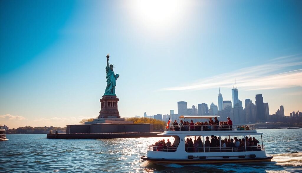 A majestic, towering statue of Lady Liberty stands proudly on a small island in the middle of a sparkling, sun-dappled New York harbor. The iconic green copper figure, with her uplifted arm and flaming torch, is silhouetted against a cloudless azure sky. In the foreground, a ferry boat full of excited tourists approaches the island, while in the distance the soaring spires of Manhattan's skyline rise up behind the statue. The scene is bathed in warm, golden light, creating an atmosphere of wonder and adventure, perfect for a day of exploring with kids. A majestic, towering statue of Lady Liberty stands proudly on a small island in the middle of a sparkling, sun-dappled New York harbor. The iconic green copper figure, with her uplifted arm and flaming torch, is silhouetted against a cloudless azure sky. In the foreground, a ferry boat full of excited tourists approaches the island, while in the distance the soaring spires of Manhattan's skyline rise up behind the statue. The scene is bathed in warm, golden light, creating an atmosphere of wonder and adventure, perfect for a day of exploring with kids.