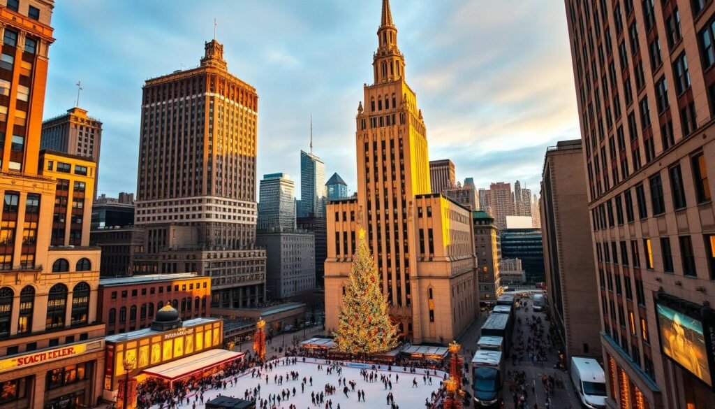 A majestic view of Rockefeller Center, with its iconic Art Deco architecture and towering skyscrapers, nestled alongside the grand, neo-Gothic splendor of St. Patrick's Cathedral. The scene is bathed in warm, golden light, casting a soft, inviting glow over the bustling plaza, where people gather to admire the towering Christmas tree and ice skate on the renowned rink. In the background, the skyline of Manhattan rises, a testament to the city's unyielding energy and dynamism. The image captures the harmonious coexistence of the old and the new, the sacred and the secular, in the heart of this vibrant metropolis.