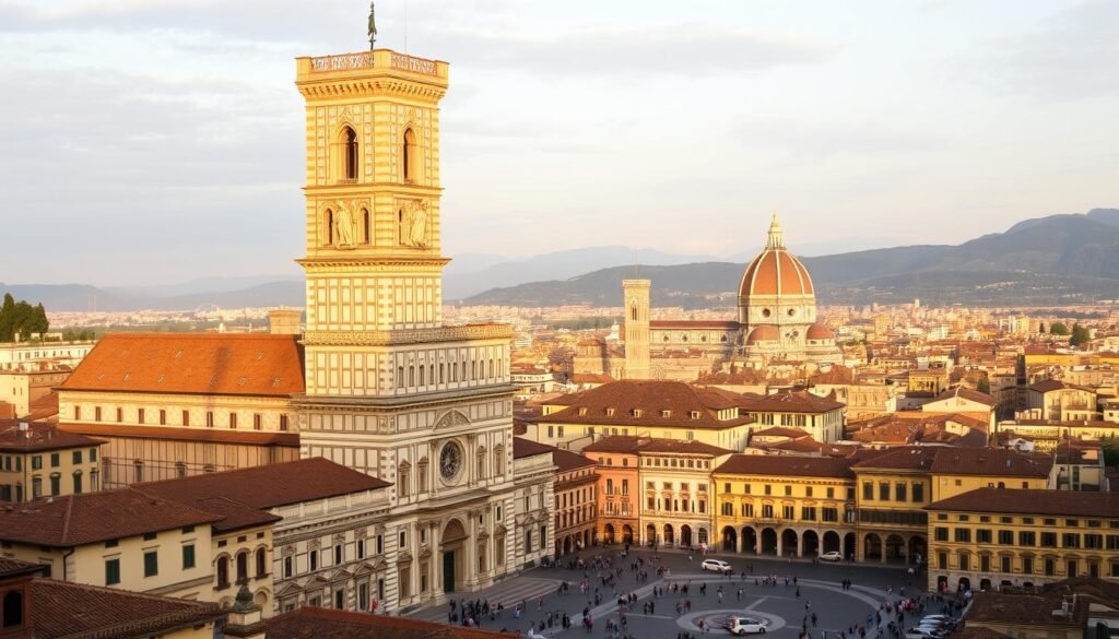 A majestic view of the iconic Palazzo Vecchio, the historic town hall of Florence, towering over the picturesque Piazza della Signoria. The magnificent 14th-century building, with its distinctive crenelated roofline and imposing bell tower, stands in the foreground, bathed in warm, golden light. In the middle ground, the bustling square is filled with tourists and locals, admiring the ornate architecture and the famous statues that adorn the area. In the background, the rolling Tuscan hills and the distant Duomo of Florence create a breathtaking panorama, capturing the essence of this iconic Italian city. A majestic view of the iconic Palazzo Vecchio, the historic town hall of Florence, towering over the picturesque Piazza della Signoria. The magnificent 14th-century building, with its distinctive crenelated roofline and imposing bell tower, stands in the foreground, bathed in warm, golden light. In the middle ground, the bustling square is filled with tourists and locals, admiring the ornate architecture and the famous statues that adorn the area. In the background, the rolling Tuscan hills and the distant Duomo of Florence create a breathtaking panorama, capturing the essence of this iconic Italian city.