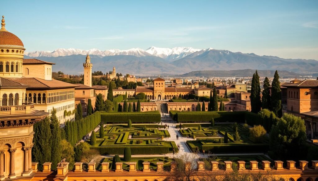 A majestic view of the renowned Alhambra, the iconic Moorish palace and fortress perched atop a hill in Granada, Spain. In the foreground, the intricate architecture and ornate details of the Alhambra's facades come into focus, with warm sunlight casting gentle shadows across the delicate stonework. In the middle ground, the lush, verdant gardens of the Generalife extend, their meticulously trimmed hedges and vibrant flowers framing the scene. Beyond, the snow-capped peaks of the Sierra Nevada mountains rise majestically, their rugged beauty contrasting with the serene Moorish grandeur of the Alhambra. The overall mood is one of timeless elegance, history, and the harmonious blending of natural and man-made wonders. A majestic view of the renowned Alhambra, the iconic Moorish palace and fortress perched atop a hill in Granada, Spain. In the foreground, the intricate architecture and ornate details of the Alhambra's facades come into focus, with warm sunlight casting gentle shadows across the delicate stonework. In the middle ground, the lush, verdant gardens of the Generalife extend, their meticulously trimmed hedges and vibrant flowers framing the scene. Beyond, the snow-capped peaks of the Sierra Nevada mountains rise majestically, their rugged beauty contrasting with the serene Moorish grandeur of the Alhambra. The overall mood is one of timeless elegance, history, and the harmonious blending of natural and man-made wonders.