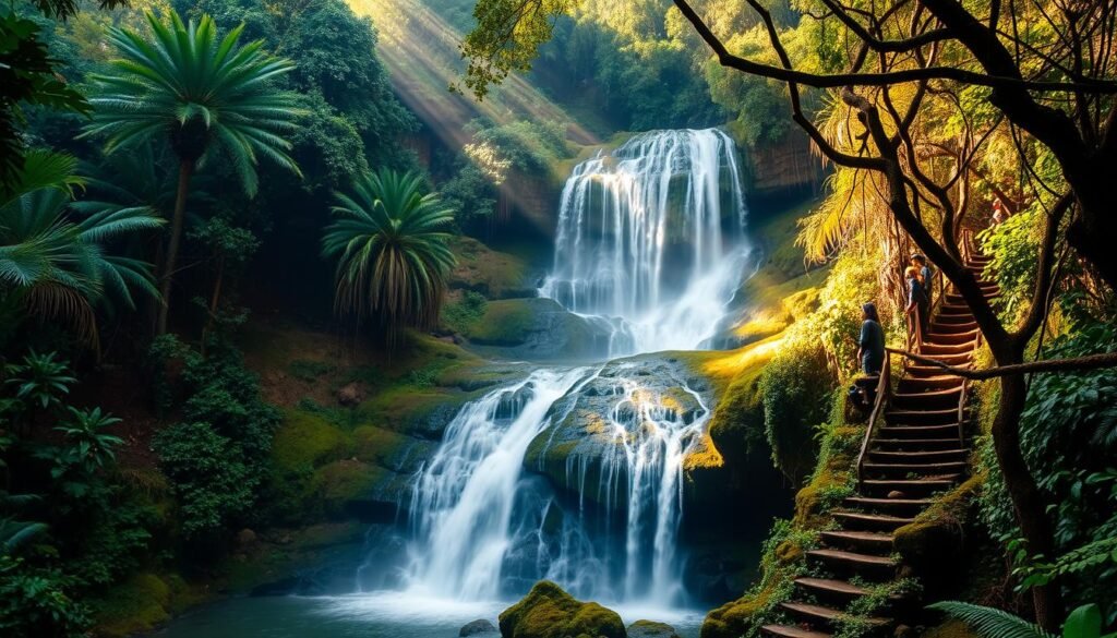 A majestic waterfall cascades over mossy cliffs, surrounded by lush, verdant foliage in the enchanting Monteverde rainforest of Costa Rica. The crystal-clear waters of the Montezuma Falls tumble down in a captivating display, framed by towering palm trees and thick, tangled vines. Warm, diffused sunlight filters through the verdant canopy, casting a magical glow over the serene scene. Hikers traverse the winding trails, taking in the breathtaking natural beauty of this hidden gem. The tranquil, idyllic atmosphere invites visitors to immerse themselves in the splendor of this tropical paradise. A majestic waterfall cascades over mossy cliffs, surrounded by lush, verdant foliage in the enchanting Monteverde rainforest of Costa Rica. The crystal-clear waters of the Montezuma Falls tumble down in a captivating display, framed by towering palm trees and thick, tangled vines. Warm, diffused sunlight filters through the verdant canopy, casting a magical glow over the serene scene. Hikers traverse the winding trails, taking in the breathtaking natural beauty of this hidden gem. The tranquil, idyllic atmosphere invites visitors to immerse themselves in the splendor of this tropical paradise.