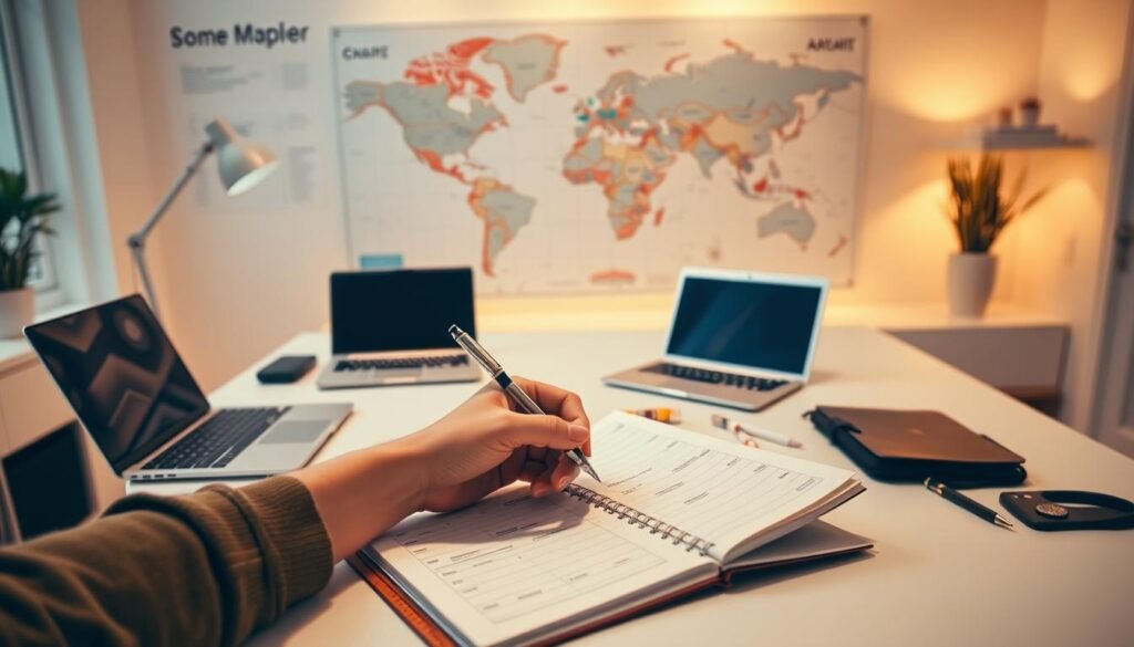 A modern, minimalist home office with a wide desk, a sleek laptop, a planner, and a map spread out. The room is bathed in warm, soft lighting, creating a cozy and inviting atmosphere. In the foreground, a pair of hands holds a pen, poised over the planner, as if meticulously planning an upcoming trip. The background features a large world map, with various destinations highlighted, suggesting the process of researching and organizing a January getaway. The overall scene conveys a sense of thoughtful preparation and a desire to embark on an exciting journey. A modern, minimalist home office with a wide desk, a sleek laptop, a planner, and a map spread out. The room is bathed in warm, soft lighting, creating a cozy and inviting atmosphere. In the foreground, a pair of hands holds a pen, poised over the planner, as if meticulously planning an upcoming trip. The background features a large world map, with various destinations highlighted, suggesting the process of researching and organizing a January getaway. The overall scene conveys a sense of thoughtful preparation and a desire to embark on an exciting journey.